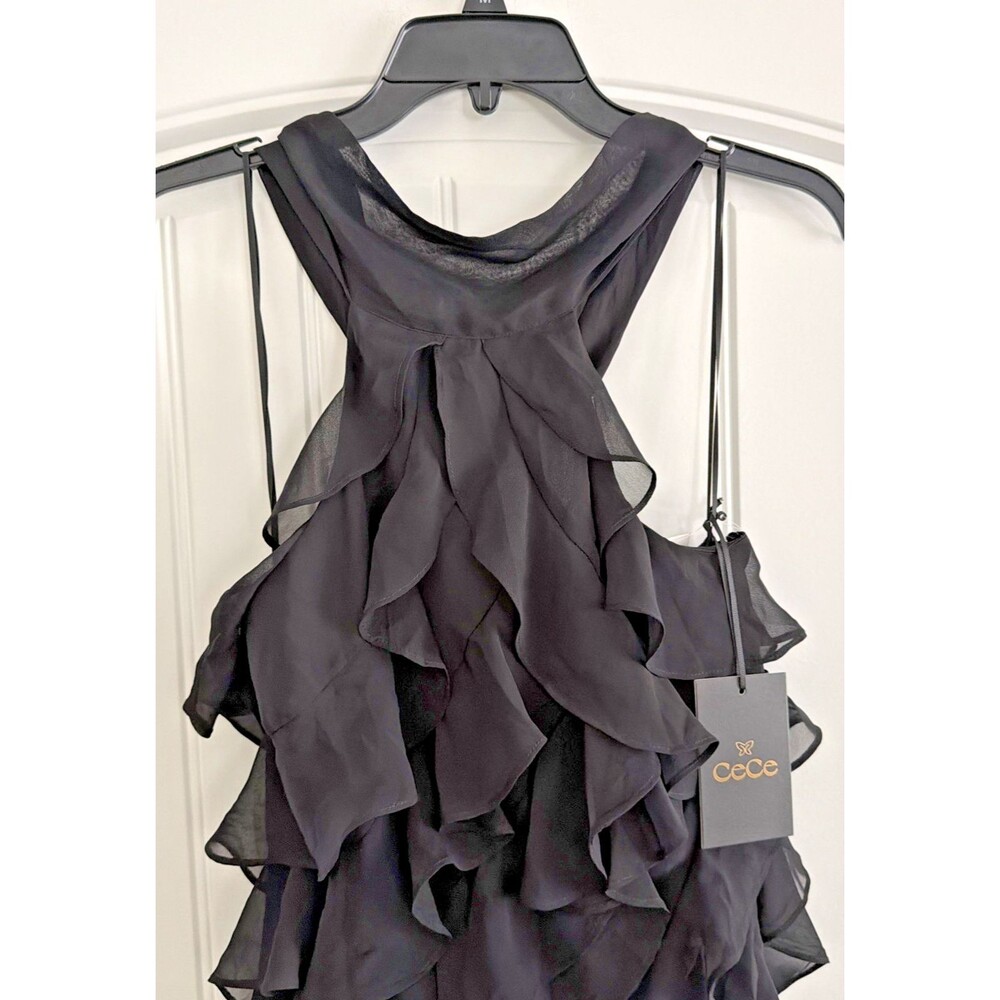 CeCe Women's Chiffon Sleeveless Ruffled Long Halter Dress Rich Black Size 4 - Picture 8 of 13